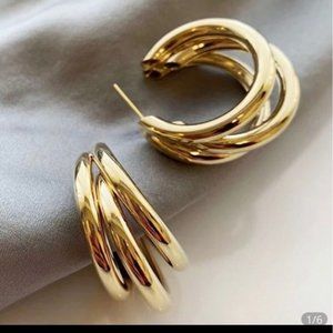 ₩ New 18k Gold Three-Layer Round Drop Earrings